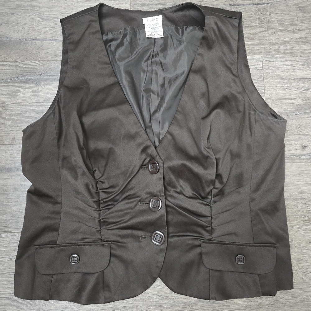 Y2K Ruched Satin Button Front Vest Deep Chocolate Brown Womens Size XL